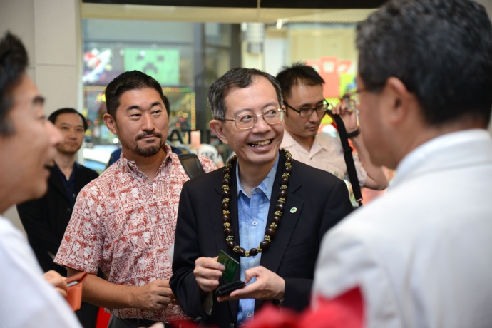 Ken Sano (Hitachi) and Koji Tanaka enjoy the JUMPSmartMaui Innovation Center opening festivities. (pictured left to right).  Courtesy photo.