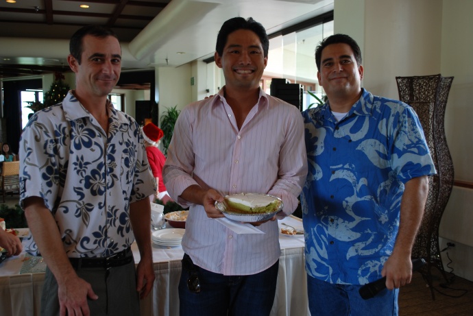 Pictured are from L to R:  Dewayne Phillips, Pastry Chef at the Makena Beach & Golf Resort;  Chad Sumida of Wailuku, Winner, and Mackie Mac from DaJam 98.3's Zoo Crew. Photo by Charly Espina Takahama