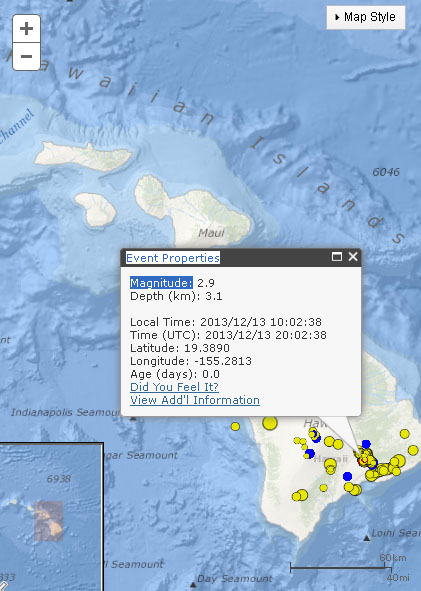 Hawaiʻi Island earthquake, Dec. 13, 2013. Map courtesy USGS/ Hawaiian Volcano Observatory.