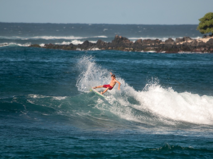 Payce Duryea, 13, of Paia enjoyed the waves at his favorite spot Tavares Bay on Wednesday. More ideal conditions are expected on the north shore this weekend through Sunday with another swell expected to arrive early next week Monday. Photo by Riley Yap.