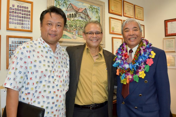 Mayor Arakawa's Chief of Staff Herman Andaya and Executive Assistant Mike Molina with House Representative Romy Cachola before the joint session of the Senate Ways and Means Committee and the House Finance Committee on Oahu. (1.15.14)