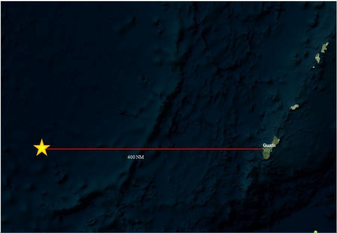 Twenty-four crew members are safe after abandoning ship approximately 440 miles west of Guam Monday.  Map courtesy US Coast Guard, Hawaiʻi.
