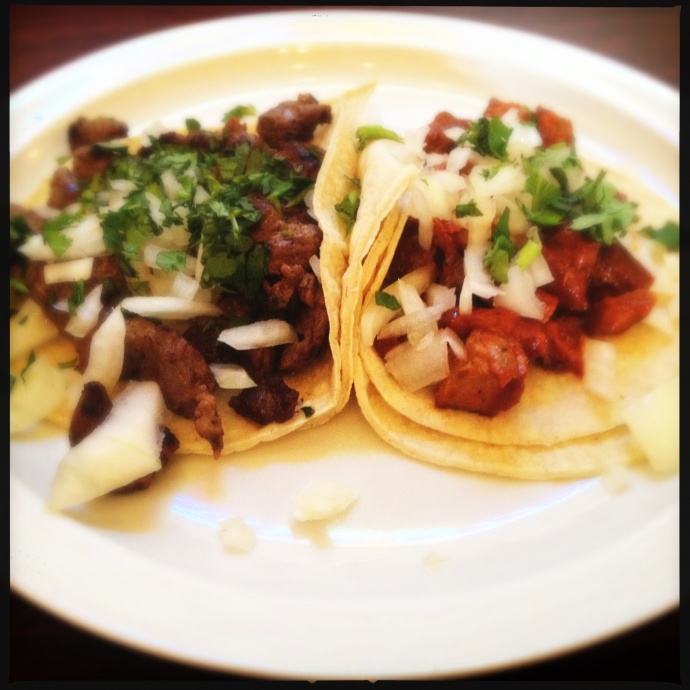 The Al Pastor (right) and Carne Asada (left) Tacos. Photo by Vanessa Wolf