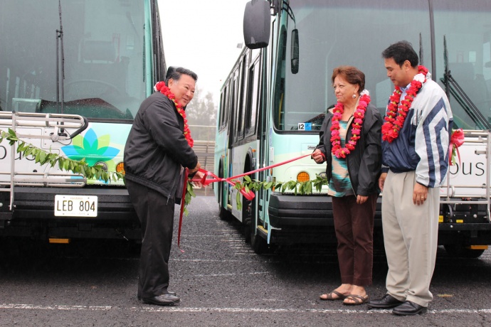 Maui Bus dedication, Jan. 27. 2014. Mayor Arakawa, and Council Members Stacy Crivello and Don Guzman. (left to right). Photo by Wendy Osher.