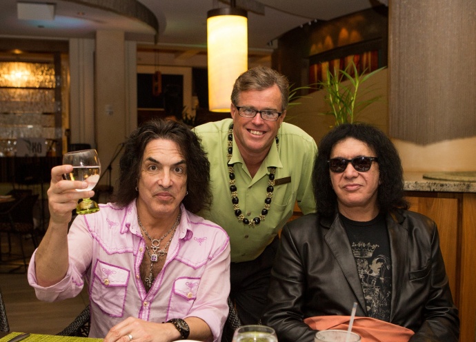 Paul Stanley, Charles Head (General Manager of The Fairmont Kea Lani, Maui) and Gene Simmons at Kō restaurant in Wailea. Courtesy photo.