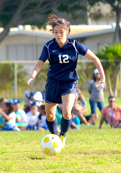 Kamehameha Schools Maui midfielder Keahulani Macadangdang (12) scored one of four first-half goals on Tuesday against Maui High School.