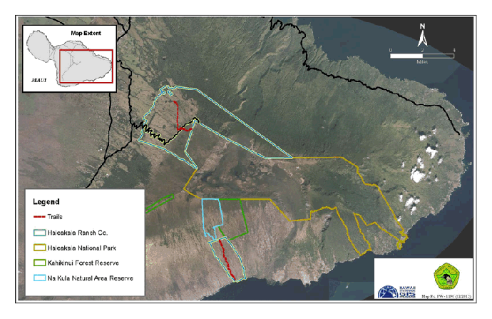 Overview of the two trails proposed for access agreements, the Haleakala Trail to the north, and the new access route to the reserves of leeward Haleakala to the south. Division of Forestry and Wildlife.