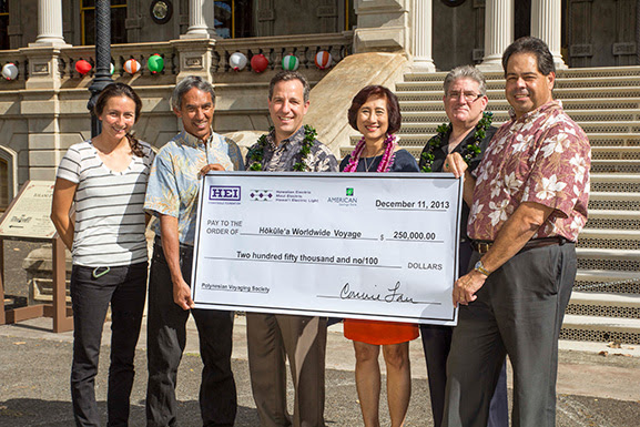 PVS has been awarded a five-year, $250,000 grant from Hawaiian Electric Industries (HEI) to support Hokule'a. Standing left to right are: Jenna Ishii (PVS), Nainoa Thompson (PVS), Rich Wacker (American Savings Bank), Connie Lau (HEI), Dick Rosenblum (Hawaiian Electric) and Clyde Namuo (PVS). Photo credit: 'Oiwi TV.