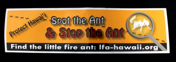 Bumper sticker distributed on Maui as part of the educational efforts to stop the spread of the little fire ant.  Photo by Wendy Osher. 