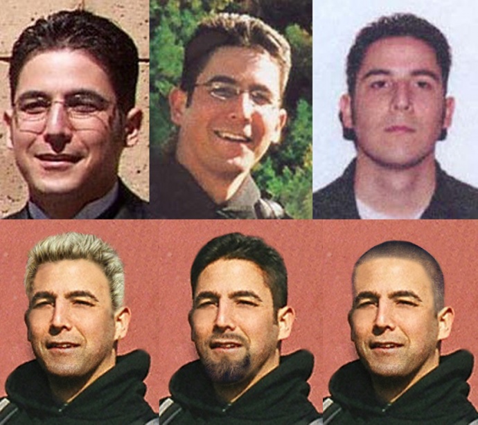 Daniel Andreas San Diego. Bottom row is what he would look like with blond hair, a goatee, and stubble.  Images courtesy FBI.