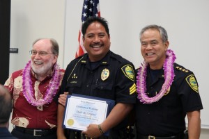 Governor Neil Abercrombie (left), Officer Dale Corpuz (middle), and Maui Police Chief Gary Yabuta (right). Photo by Wendy Osher.