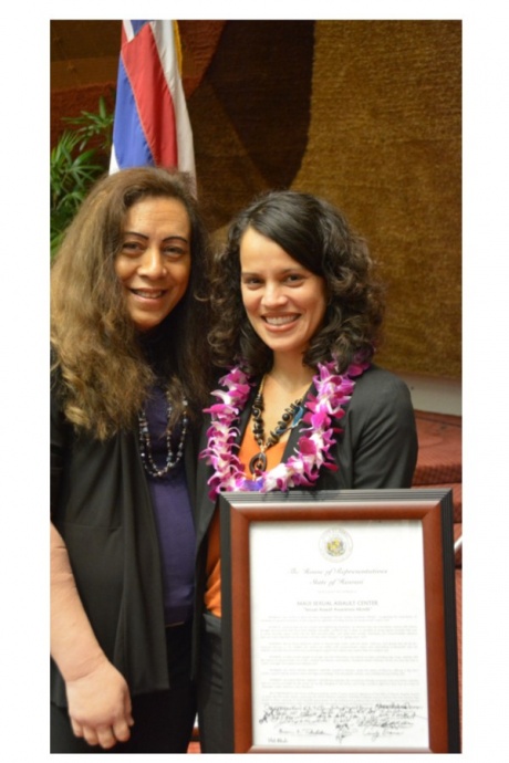 Rep. Mele Carroll with Nicole Hokoana, Director of Maui County Programs/ Maui Sexual Assault Center on the State House of Representatives floor on April 1, 2014. Courtesy photo.