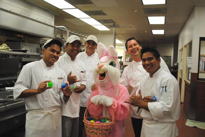 We imagine these five chefs are crunching the numbers and realizing they could take this menacing pink bunny if they had to. Image courtesy Makena Beach & Golf Resort