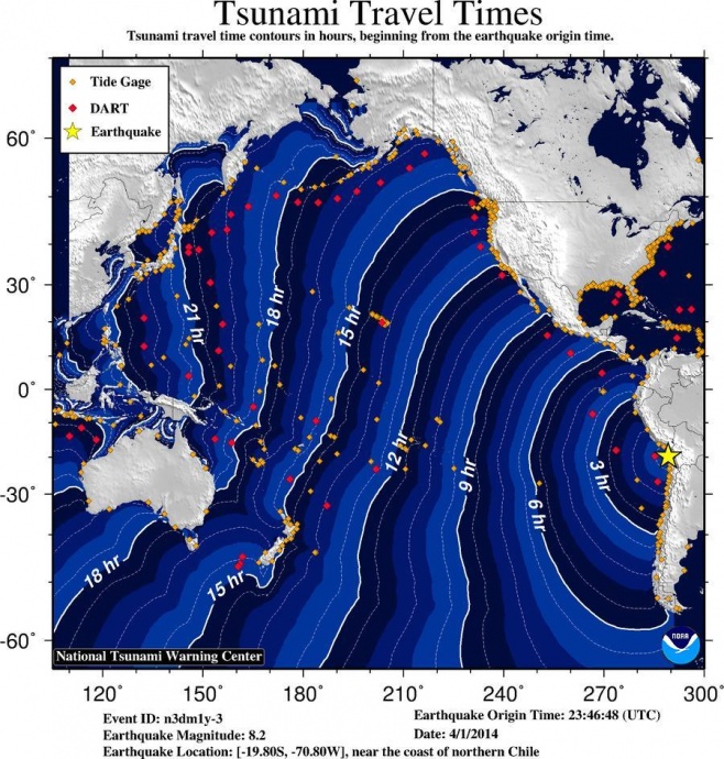 Travel time map, image courtesy National Tsunami Warning Center.