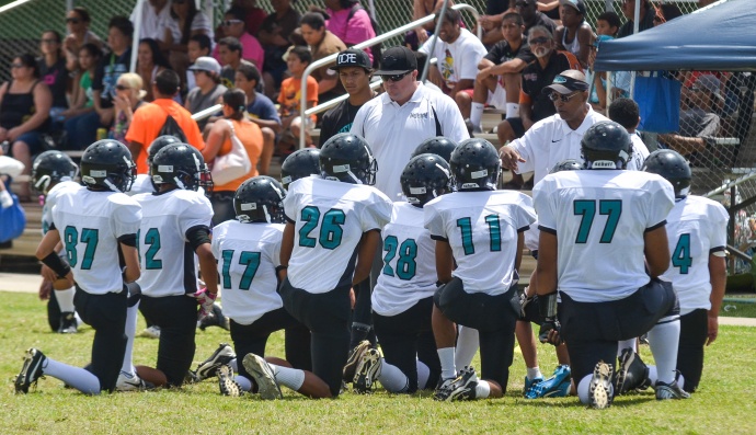 Coaches from the Kulamalu Panthers give their players instruction during a timeout Saturday against Lahaina. Photo by Rodney S. Yap.