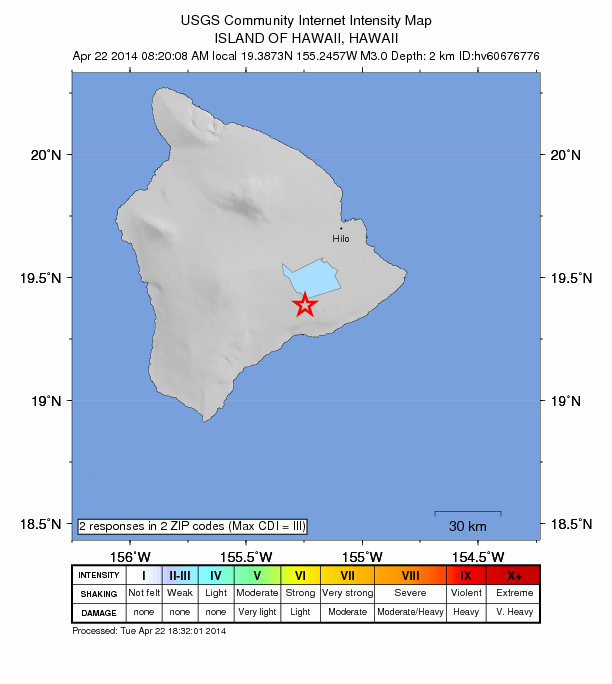 Map of April 22, 2014 Volcano earthquake, courtesy Hawaiian Volcano Observatory/USGS.