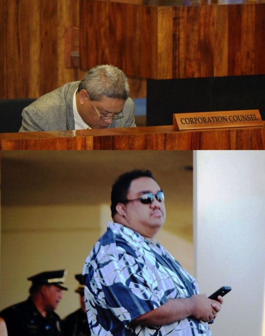 Council members discuss whether the issue is that of cyber bullying or a first amendment issue during council proceedings on Friday, April 4, 2014.  Corporation Council Patrick Wong (top), photo by Wendy Osher.  Neldon Mamuad (bottom) Maui Now photo. 