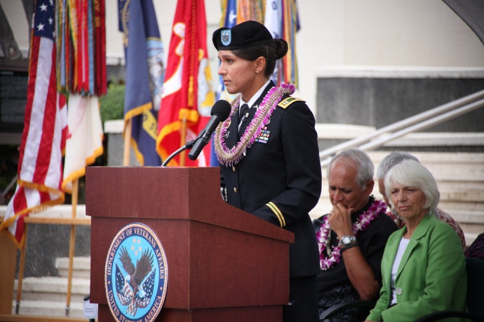 Congresswoman Tulsi Gabbard delivered keynote remarks and presented a wreath at the Roll Call of Honor Memorial Day Ceremony at Punchbowl on Oʻahu on Sunday, May 25.  She is among the dignitaries scheduled to attend the Memorial Day event at the Makawao Veteran's Cemetery on Maui on Monday, May 26, 2014. Courtesy Photo.