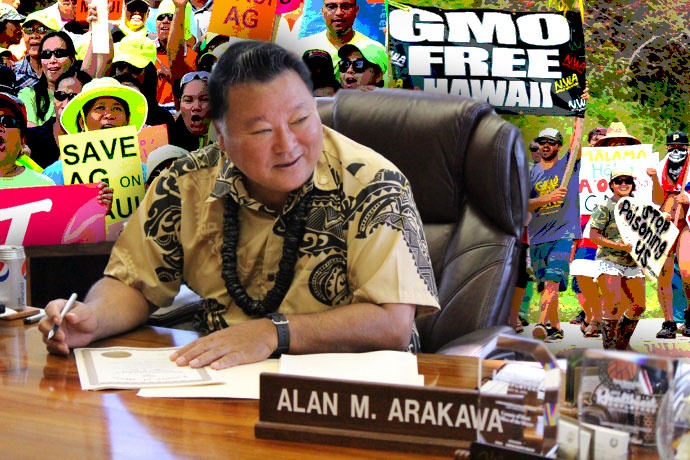 Mayor remains neutral on GMO debate. Maui Now montage.