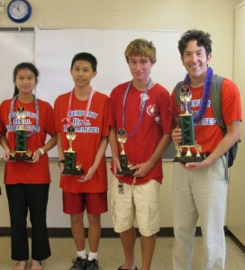 Seabury Hall State Math Bowl champs: (L-R) Jasmine Doan, Jesse Doan, Fletcher Prouty and Mr. Mitch Krulewich.  Courtesy photo.