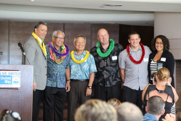 Judge Richard Bissen (left) installs new officers to the Maui United Way Board including: (L to R) Stephen Kealoha, Chair; Paul Mizoguchi, Vice Chair; Scott Blaine, Treasurer; and William Nill, Secretary. Photo by Wendy Osher.