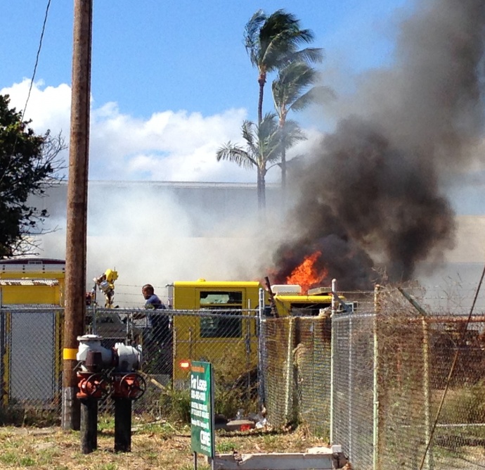 A fire was reported in the industrial lot       next to the Foodland store in Kahului. Photo by Jack Dugan.