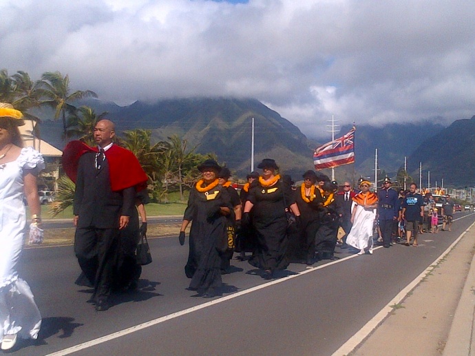 Members of the Royal Order of Kamehameha, Kahekili Chapter from Maui host an annual procession down Kaʻahumanu Avenue in Kahului to commemorate and honor the King who unified the Hawaiian Islands under one rule.  The organization will be joined by members of other royal societies and community groups on the island. File photo by Wendy Osher.
