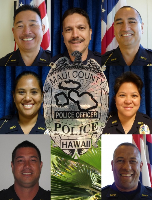 Maui sergeant promotions: (clockwise from top left: Mark Hada; Oscar Martin Del Campo; Frank Keoni Abreu; Edith Nuʻuanu Quintero; Lee Ann Galario Guzman; Michael McCutcheon; and Mike Crowe.
