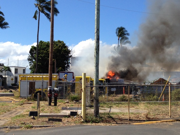 A fire was reported in the industrial lot next to the Foodland store in Kahului. Photo by Jack Dugan.