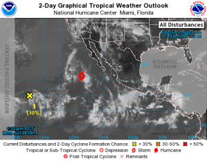 The National Hurricane Center is issuing advisories on Tropical Storm Hernan, located a few hundred miles west-southwest of the southern tip of the Baja California peninsula. Image courtesy NWS/NOAA/Central Pacific Hurricane Center.
