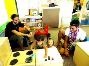 Dad’s watch as their keiki explore the new Hāna Infant and Toddler Center. Courtesy photo.