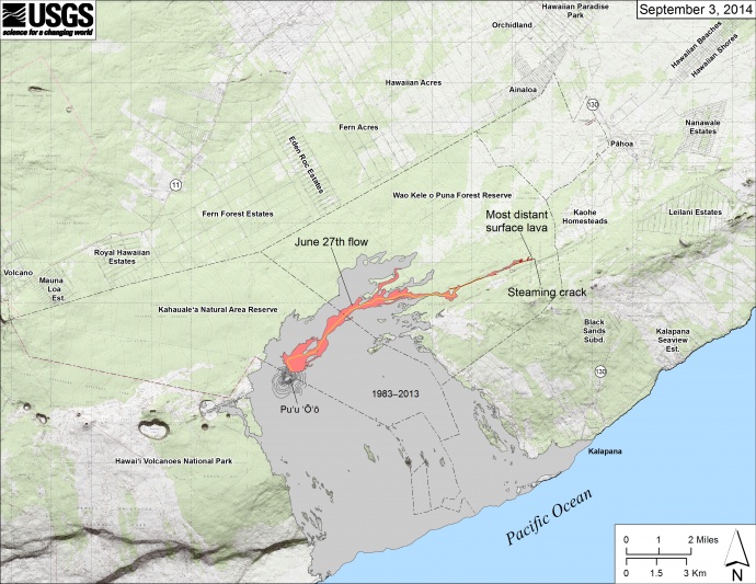 Map showing the June 27th flow in Kīlauea’s East Rift Zone as of September 3, 2014. The area of the flow as mapped on September 1 is shown in pink, while widening and advancement of the flow as of September 3 is shown in red. Map courtesy USGS/ Hawaiian Volcano Observatory. 