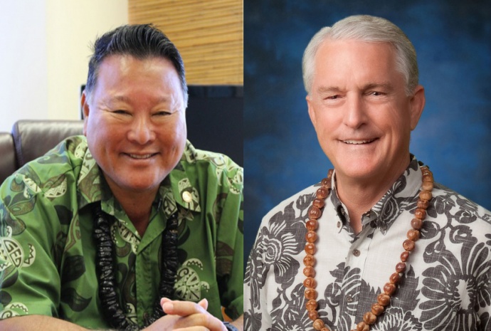 Maui Mayor Alan Arakawa (left) photo by Wendy Osher; and Budget and Finance Committee Chair Mike White (right) courtesy photo.