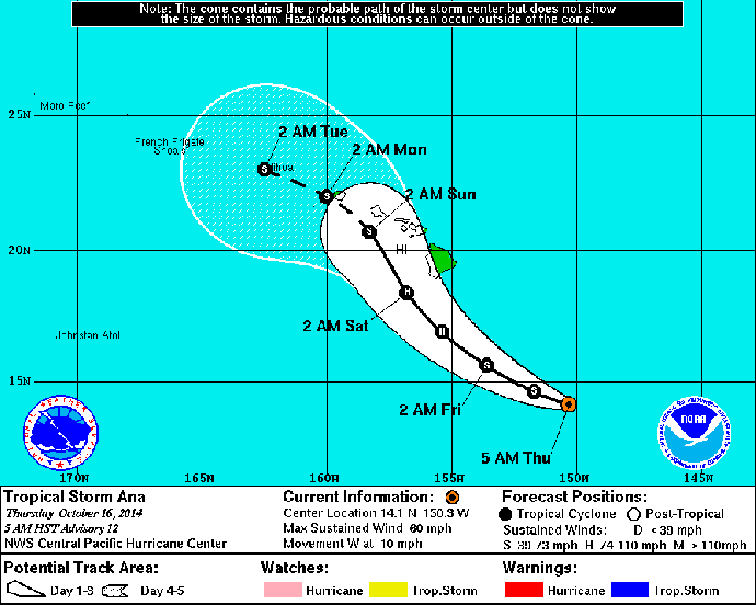 5-day forecast track for Tropical Storm Ana as of 5 a.m. on Thursday, Oct. 16, 2014. Image courtesy NOAA/NWS/Central Pacific Hurricane Center.