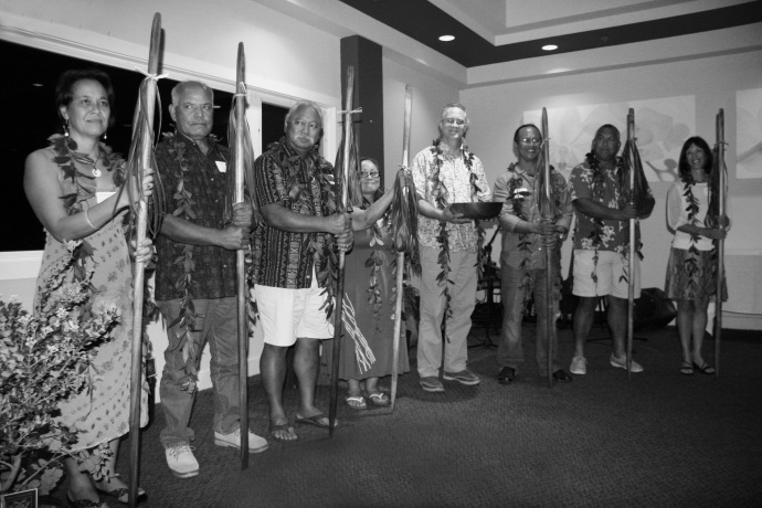 Accepting the awards on behalf of the Maui Nui Network were, from left: Leimamo Lind-Strauss from the Kīpahulu ʻOhana in East Maui; Uncle Mac Poepoe from the Hui Mālama O Moʻomomi on Molokaʻi; Sol Kahoʻohalahala from the Maunalei Ahupuaʻa on Lānaʻi; Claudia Kalaola and Scott Crawford from Nā Mamo O Mūʻolea in East Maui; Ekolu Lindsey from Polanui Hiu in Lāhaina,West Maui; Jay Carpio from the Wailuku Ahupuaʻa in Cental Maui; and Robin Newbold, chair of the Maui Nui Marine Resources Council. Photo Credit:  Nature Conservancy