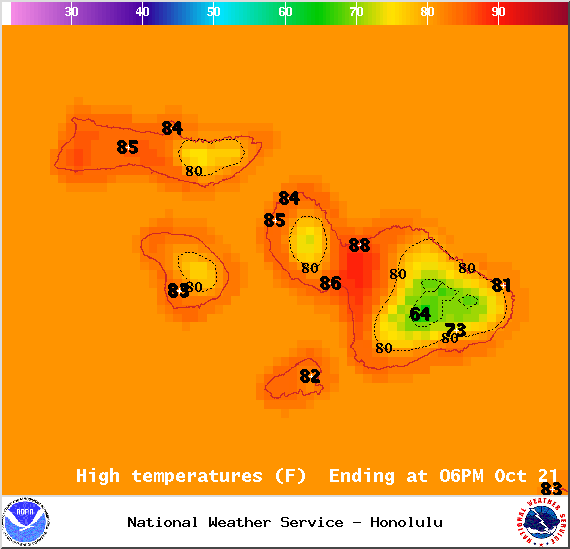Map of expected high temperatures in Maui County on Tuesday October 21, 2014 / Image: NOAA / NWS