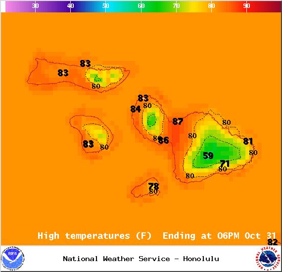 Map of expected high temperatures in Maui County on Friday October 31, 2014 / Image: NOAA / NWS