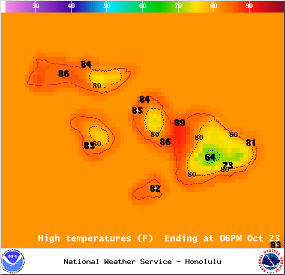 Map of expected high temperatures in Maui County on Thursday October 23, 2014 / Image: NOAA / NWS