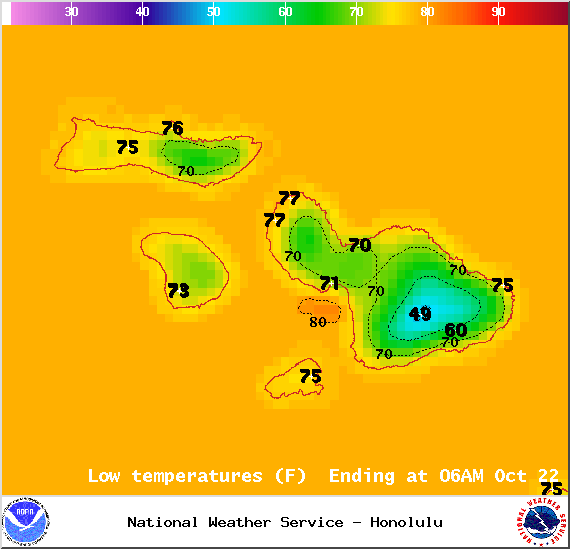 Map of expected low temperatures for Maui County on Tuesday, October 21, 2014 / Image: NOAA / NWS