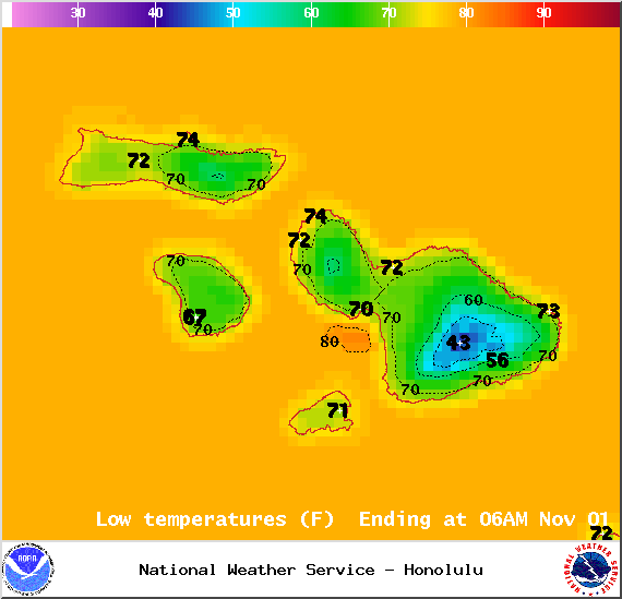 Map of expected overnight low temperatures in Maui County on Friday October 31, 2014 / Image: NOAA / NWS