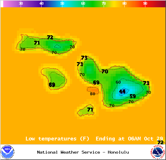 Map of expected overnight low temperatures in Maui County on Tuesday October 28, 2014 / Image: NOAA / NWS