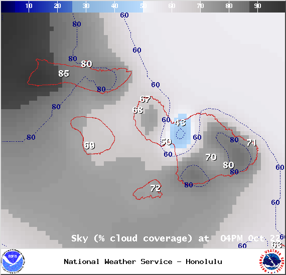 Percent chance of cloud cover at 4pm in Maui County on Wednesday October 22, 2014 / Image: NOAA / NWS
