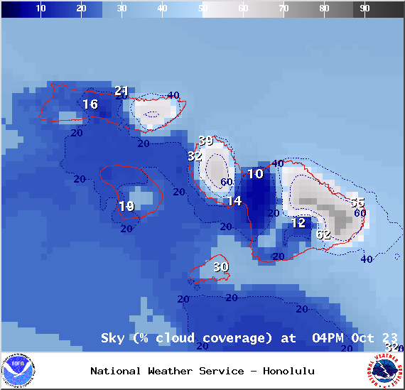 Expected cloud cover in Maui County at 4pm on Thursday October 23, 2014 / Image: NOAA / NWS