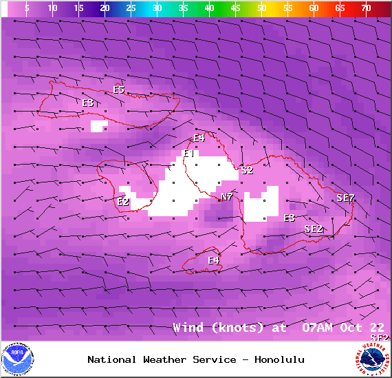 Expected wind conditions at 7am in Maui County on Wednesday October 22, 2014 / Image: NOAA / NWS