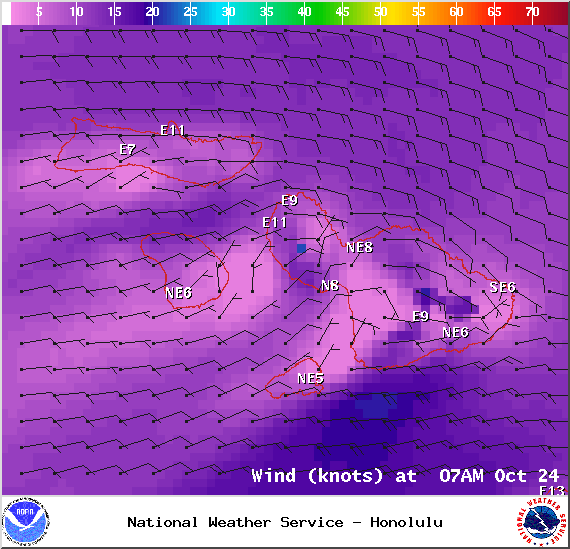 Map of expected wind conditions in Maui County at 7am on Friday October 24, 2014 / Image: NOAA / NWS