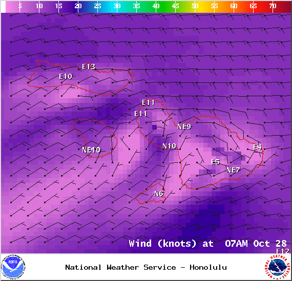 Expected winds in Maui County at 7am on Tuesday October 28, 2014 / Image: NOAA / NWS