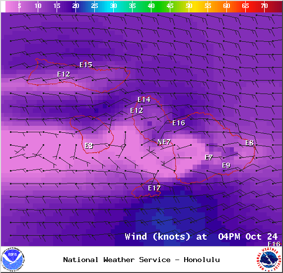 Map of expected wind conditions in Maui County at 4pm on Friday October 24, 2014 / Image: NOAA / NWS