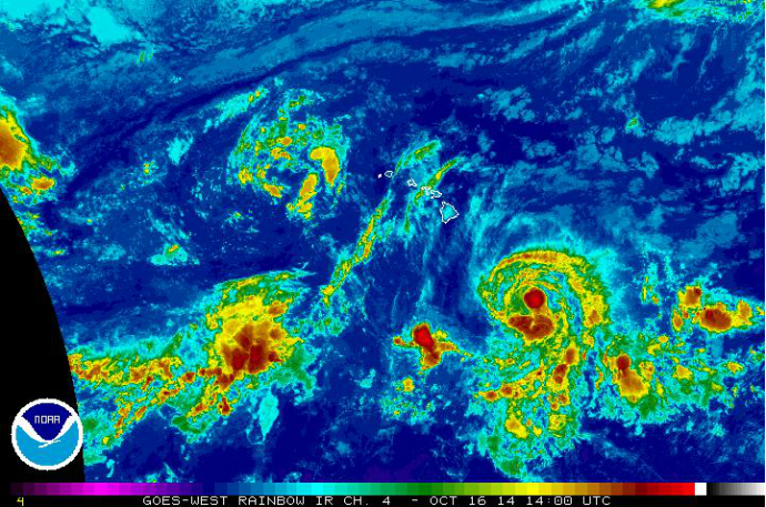 Satellite imagery for Tropical Storm Ana as of 5 a.m. on Thursday, Oct. 16, 2014. Image courtesy NOAA/NWS/Central Pacific Hurricane Center.