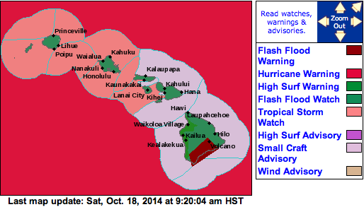 Visual map of alerts posted statewide on October 18, 2014 at 9:30am / Image: NOAA