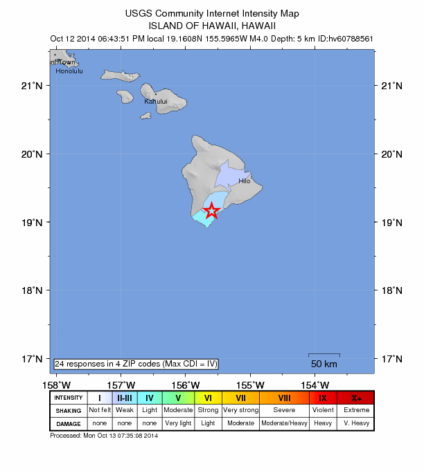 Nā‘ālehu earthquake on Hawaiʻi Island, Oct. 13, 2014. Intensity map courtesy USGS.